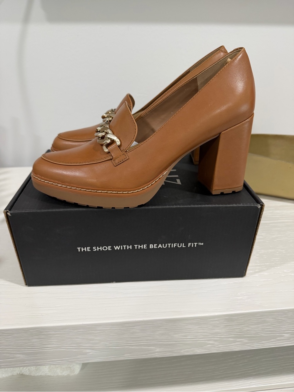 Women’s Tan Block Heel Loafer with Chain Accent